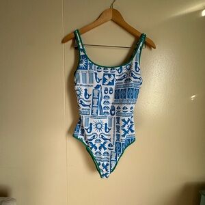 Johnny Was Blue and White Acantha Swimsuit with Green Trim - NWOT